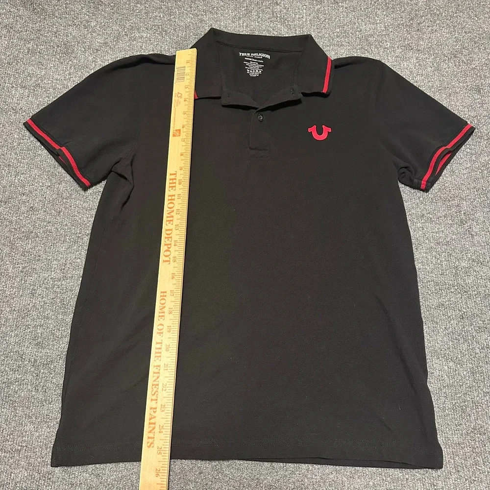 True Religion Mens Black Red Graphic Logo Short Sleeve Polo Shirt Medium 103071